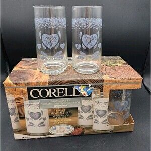 VTG Corelle Sponge Blue Hearts 16 Oz Drinking Tumbler Glasses 6" Set Of 8 New!!!